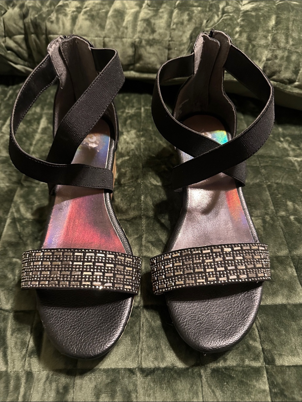 Justice Black Crisscross Ankle Sandals with Beaded Front Strap